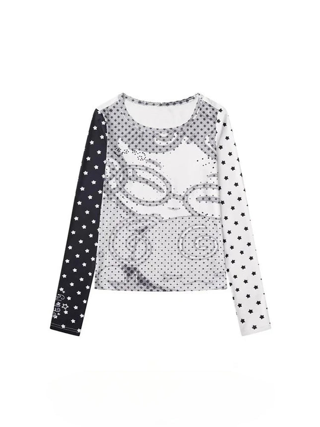 HOUZHOU Y2k Vintage Anime Juminocore Women T-Shirts Polka Dot Long Sleeve Japanese Harajuku Fashion Slim Tees Subculture Gyaru