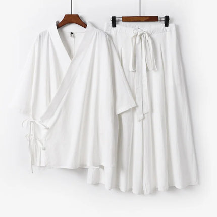 2026 Chinese Style Men's Linen Suit Tang Style Zen Style Hanfu Taoist Long Robe Top Pants Cotton and Linen Loose Two-piece Set