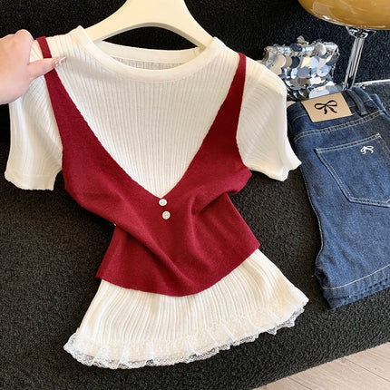 2026 New Fashionable Style, Cool and Cute Lace Splicing Fake Two-piece Short-sleeved Knitted Shirt, Cool and Cute Top
