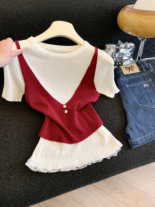 2026 New Fashionable Style, Cool and Cute Lace Splicing Fake Two-piece Short-sleeved Knitted Shirt, Cool and Cute Top