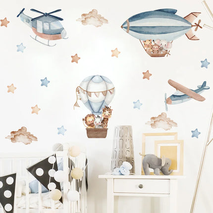 Watercolor Animals Hot Air Balloon Clouds Wall Stickers for Kids Room Baby Nursery Room Wall Decals Boy Room Stickers Wall Decal
