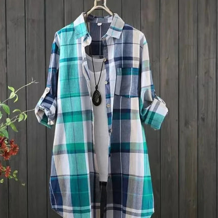 Plus Size Women's Shirt 2025 Korean Style of Casual Fashion Single-breasted Sunscreen Blouse Lapel Square Plaid Top Long Sleeve