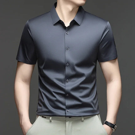 Summer Men Short Sleeve Button Up Shirt Ice Silk Casual Business Formal Shirt Breathable Wrinkle Free