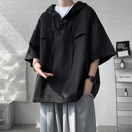 2026 Summer Men Hooded Shirt Korean Half Sleeve Pullover Streetwear Hip Hop Loose Shirt Tops Drawstring Men Clothing M-5XL