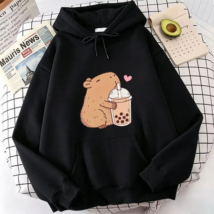 Funny Kawaii Bubble Tea Capybara Hoodie Women/Men Aesthetic Graphic Hoodies Unisex Autumn Winter Harajuku Pullovers Sweatshirts