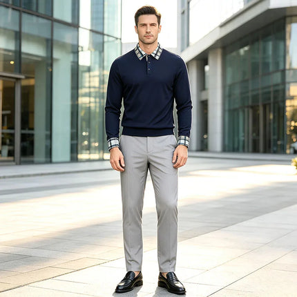 Men Waffle Knit Long Sleeve Polo Shirt Plaid Collar Breathable Daily Business Office Travel Holiday Walking Casual Tops