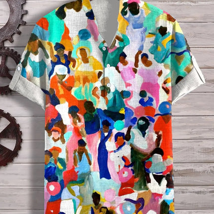 Popular European and American short-sleeved wave pattern men's shirts, stand-up collar shirts, Hawaiian shirts, men's vacation shirts