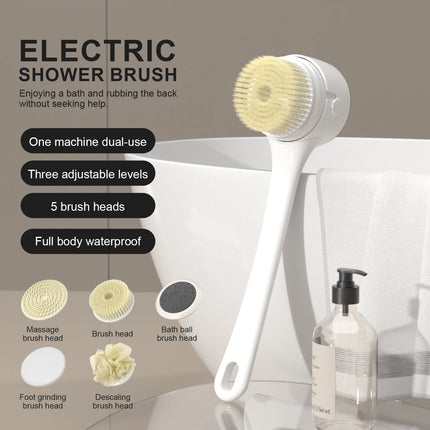 2026 NEW Electric Shower Body Cleaning Brush 5 Heads Spinning Spa Bath Brush Waterproof Long Handle Personal Back Rubbing 3 Gear