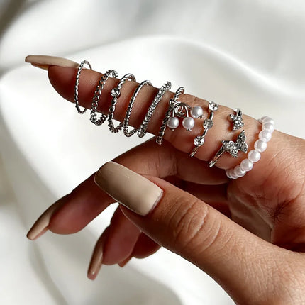 10Pcs Imitation Pearl Leaf Flower Rings Set For Women Rhinestone Butterfly Finger Ring Metal Knuckle Finger Ring Jewelry