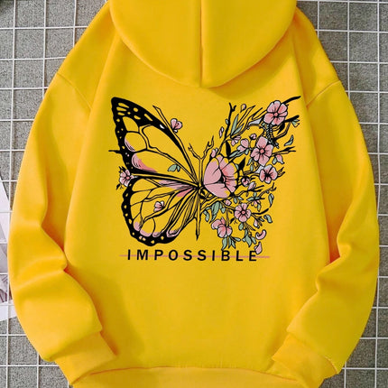 Women's Pink Butterfly Impossible Letters Pattern Printed Sweatshirt Fashion Warm Hoodie Loose Casual Hoodie Soft Clothing Y2K