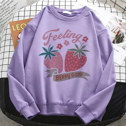 2026 Fashion Strawberry Womens Hoodies Basic Warm Fleece Sweatshirt Soft Y2k O-Neck Pullover Casual Female Clothes