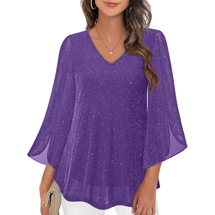 Plus Size 1XL-5XL Women's Fashionable V-neck Casual Ruffle Edge 3/4 Sleeve Loose and Comfortable Shirt