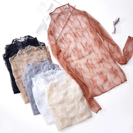 Korea Style Mesh T Shirt Lace Flower under Shirt Long sleeve transparent Tshirt Sexy Black Lace See through Mesh Tee Tops Women