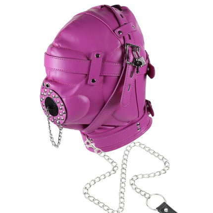 PU Leather Full Head Bondage Hood Mask Adjustable BDSM Headgear Blindfold with Chain Leash Role Play Costume Accessories