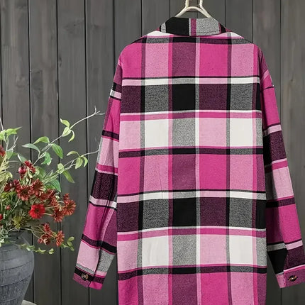 Plus Size 1XL-5XL Women's Casual Plaid Shirt Classic Button-Up Collar Long Sleeves Blouse Ladies Casual Commuting Shirt