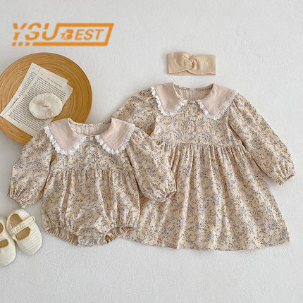 2023 Spring Baby Girls Sister Clothes Toddler Baby Rompers Princess Children Girls Long Sleeves Floral Printed Dresses Clothes