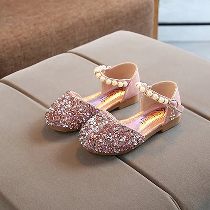Summer Girls Shoes Bead Mary Janes Flats Fling Princess Shoes Baby Dance Shoes Kids Sandals Children Wedding Shoes Gold