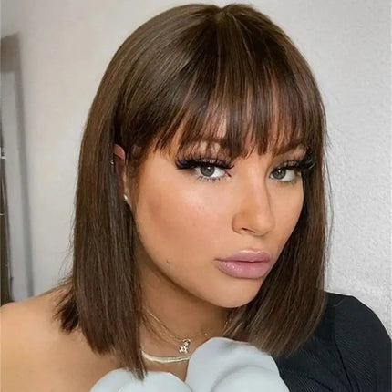 Short Straight Bob with Bangs Ombre Chocolate Brown with Blonde Streaks Synthetic Lace Front Wig Heat Resistant Fibre Wig Daily