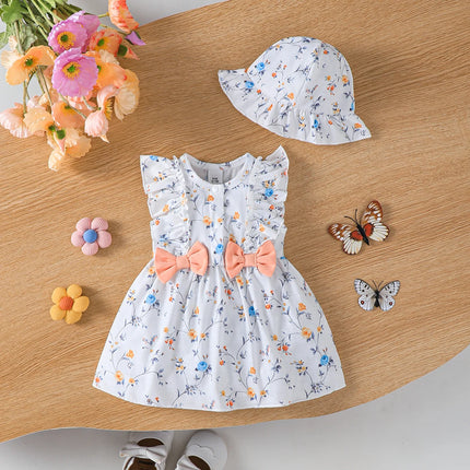 Baby clothing, Baby girl Dress Round Neck Ruffled Bow Casual Dress+Hat Set suitable for Female Babies aged 0-9 Months