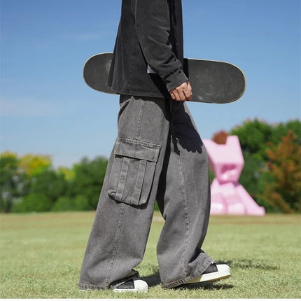 Solid Hip Hop Harajuku jeans Vintage pantalon large homme Pockets Wide Leg Baggy Jeans Men Streetwear Straight Denim Cargo Pants