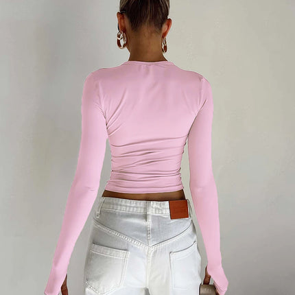Basic Crewneck Casual Crop Tops for Women Y2K Solid Skinny Long Sleeve Slim Fit Stretchy Cropped Tees T-Shirts with Thumb Holes