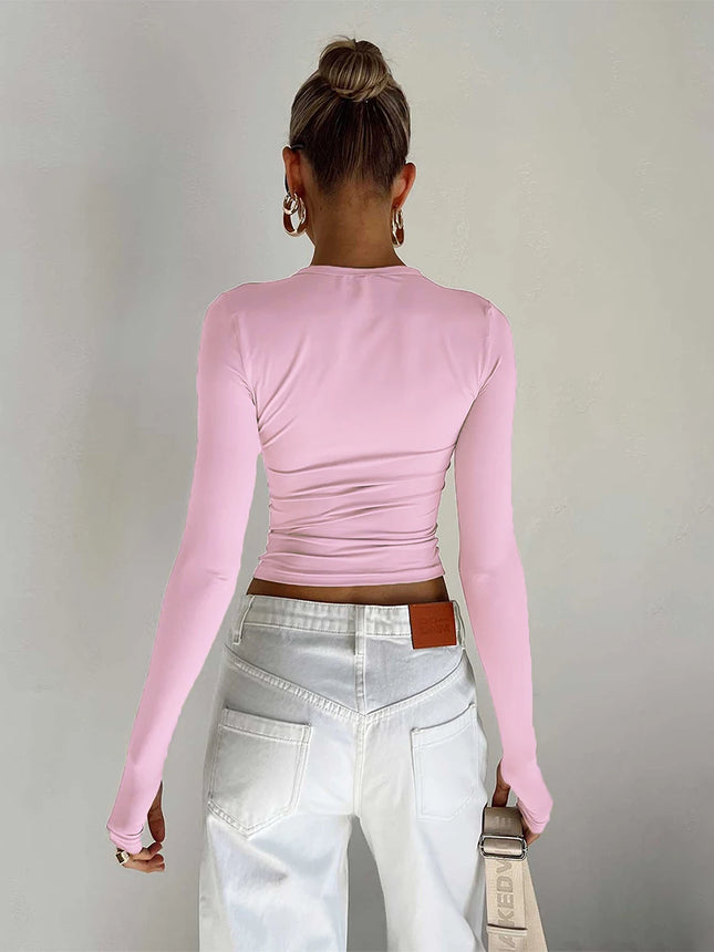 Basic Crewneck Casual Crop Tops for Women Y2K Solid Skinny Long Sleeve Slim Fit Stretchy Cropped Tees T-Shirts with Thumb Holes