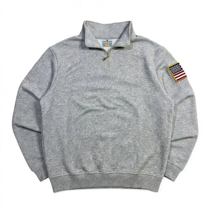 Y2K American Flag Embroider Hoodies Quarter Zip Sweatshirts Men Navy Blue White Pullover Patch Sleeve Streetwear Casual Sweater