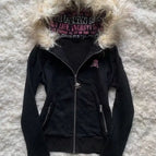 L / Black cardigan hooded fur sweater