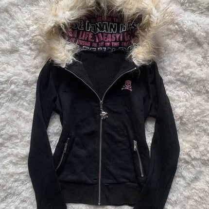 Gothic Style Zipper Hoodie Women's Long Sleeve Cardigan Printed Letter Fur Collar Design Street Trend Polyester Fabric Coat