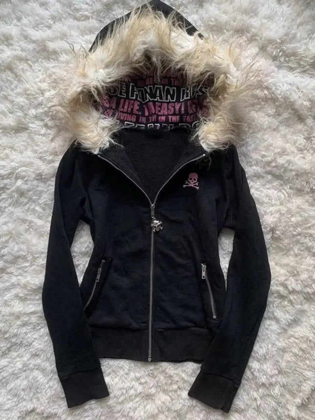 Gothic Style Zipper Hoodie Women's Long Sleeve Cardigan Printed Letter Fur Collar Design Street Trend Polyester Fabric Coat