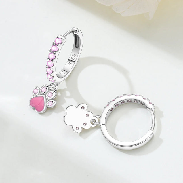 Hot Sale Original 925 Sterling Silver Zircon Pink Paw Print Earrings Heart Flower Leaf Design Women Party Jewelry Gift Ear Loops