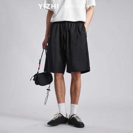 Men's Lyocell Cotton Shorts 2026 Summer Solid Color Drawstring Elastic Waist Wide Leg Five Points Sports Casual Pants