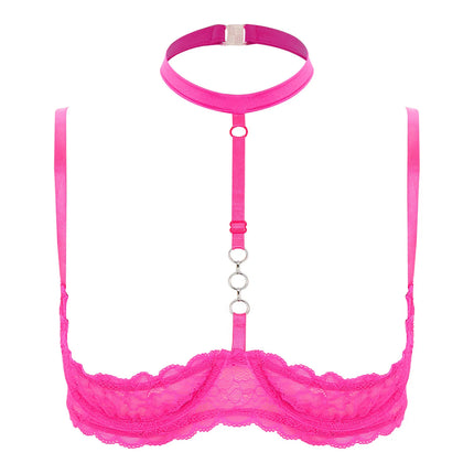 Womens 1/4 Cups Underwire Hollow Out Open Cup Nipples Bra Halter O Ring Exposed Lace Push Up Brassiere Lingerie Bra Underwear