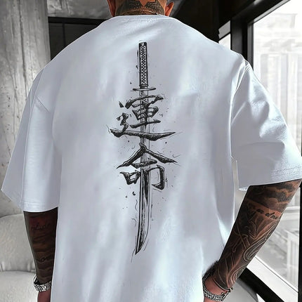 Men's summer pure cotton fashionable casual loose Japanese samurai sword pattern printed round neck short-sleeved T-shirt