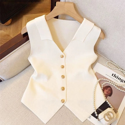Women's French Temperament V-neck Sleeveless Slim Fit Knitted Vest Single Breasted Elegant Style
