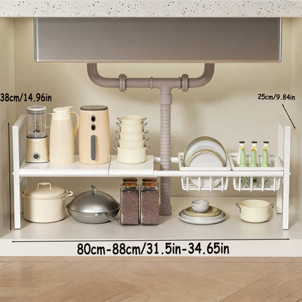 Under-Sink Kitchen Storage Rack/Shelf, Extendable, Single/Double Layer Storage Solution, Made of Steel, Perfect for Kitchen Use, Ideal for Laundry Rooms, under the Sink, Maximizes Space, Easily Stores Various Bottles and Spic