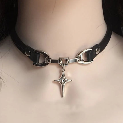 Gothic Cross Star Pendant Choker Nelace for Women Fashion Spicy Girl Punk Chain Y2K Vintage Leather Collar Chain Choker Necklace