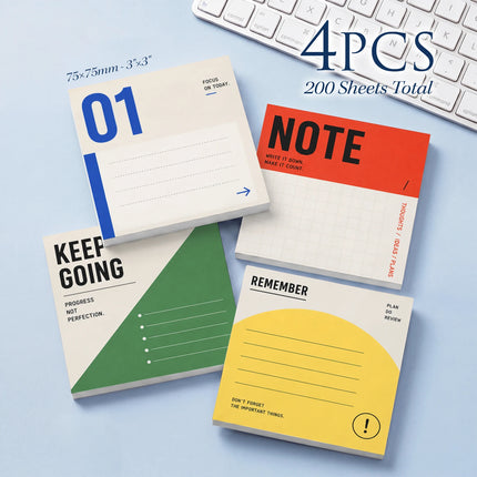 4 Pcs 200 Sheets Total Modern Planner Sticky Notes, 75x75mm 3x3 Inch, Keep Going Remember Note Memo Pads, Self-Adhesive