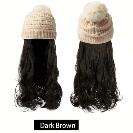20inch Long Water Wavy Synthetic Hairpiece Beanie Hat - Woven Wigs with Knit Pom Cap and Warm Winter Design - Soft, Detachable,
