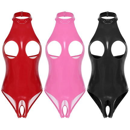 Women's Sexy Wet Look Open Chest Bodysuit Latex Catsuit Patent Leather Crotchless Jumpsuit Nightclub Clubwear Rave Party Costume