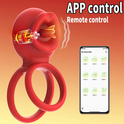 Vibrating Cock Ring Clitoral Stimulator with Tongue Licking 4-in-1 Penis Ring Vibrator 9 Modes Couples Sex Toy for Men and Women