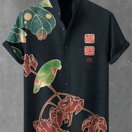 Men's Linen Short Sleeve Hawaiian Casual Vacation Stand-Up Collar Printed High-Quality Wedding And Social Occasion Shirt