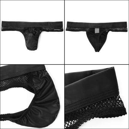 Men's Sexy Transparent G String Hip-Baring Lingerie Faux Leather U Convex Thong T-Back Big Penis Pouch PU Anal Jockstrap Panties