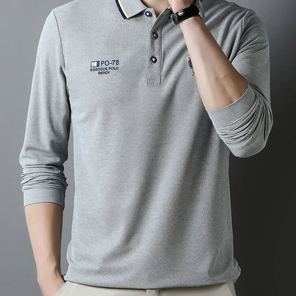 New Men's Long-sleeved Cotton Polo Shirt Fashion Embroidery Casual Bottom Pullover Shirts Tops Men's Clothing