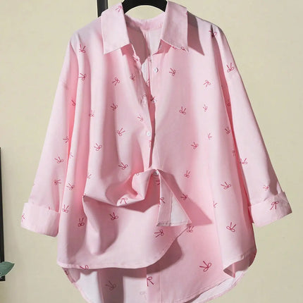 Plus Size Women's Casual and Elegant Workwear Style, Suitable for Afternoon Tea Parties, Vacations, and Beach Outings, Featuring a Bow Print Top, Simple Style, for Everyday Wear, Backless Shirt