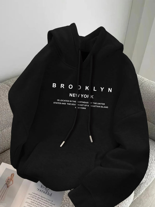 Brooklyn New York Graphic Hoodie  Casual Sweatshirt with Front Pocket  Loose Fit Hooded Collar Style Casual Long Sleeve Pullover
