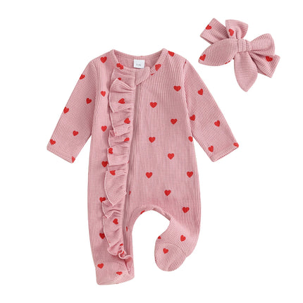 Pudcoco Baby Girls Valentines Day Foot Cover Jumpsuit Long Sleeve Crew Neck Heart Print Ruffle Zipper Footies with Headband 0-6M