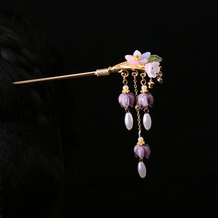 Chinese Purple Flower Hair Sticks Hanfu Decor Hairpins For Girls Tassel Pearl Hair Bun Chopsticks Retro Party Hair Clasp Jewelry