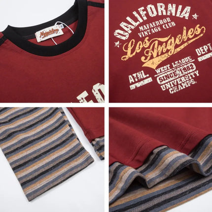 Retro patchwork color blocking casual loose print fake two-piece design sense round neck long sleeved T-shirt for men and women