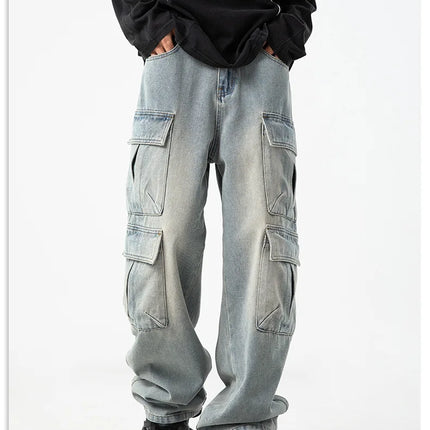 Men's new multi pocket workwear design jeans retro washed Japanese and Korean casual pants loose pants soft and cool